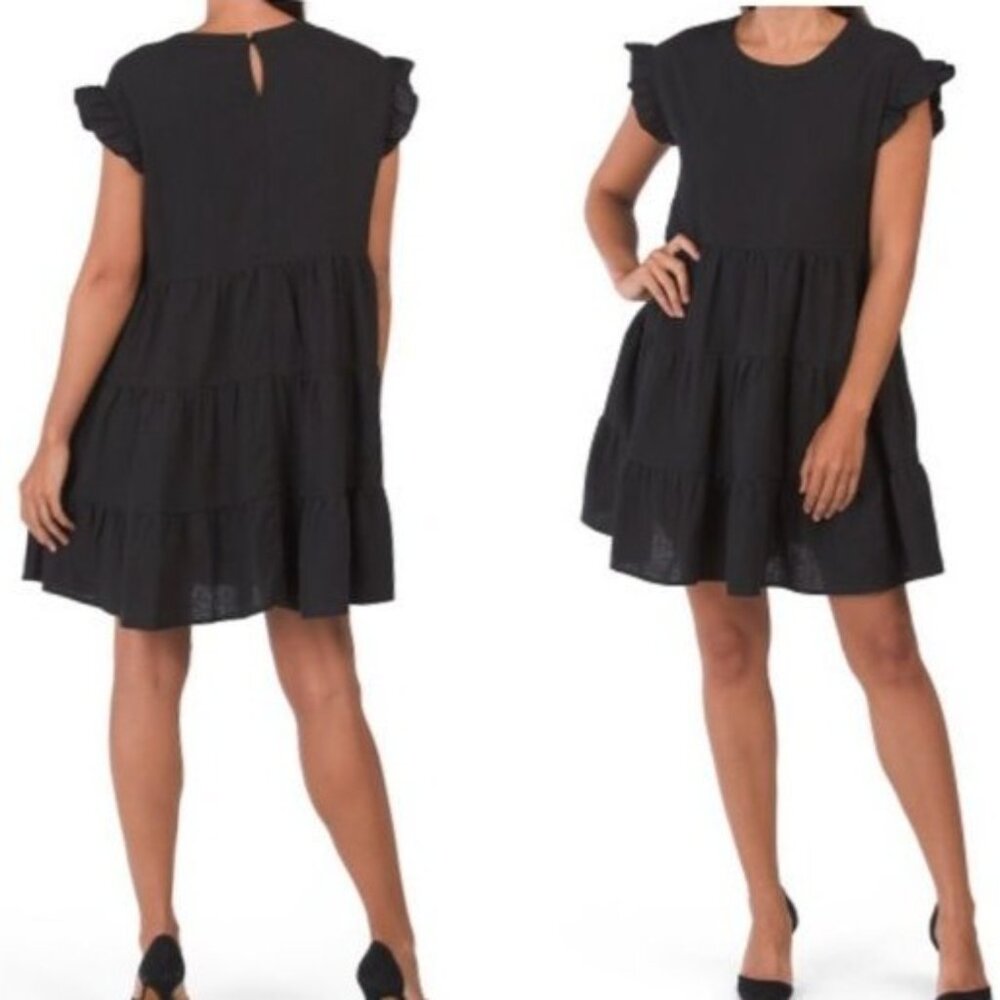 NWT Adyson Parker Black Tiered Mini Dress Shift Closet Staple Women's L